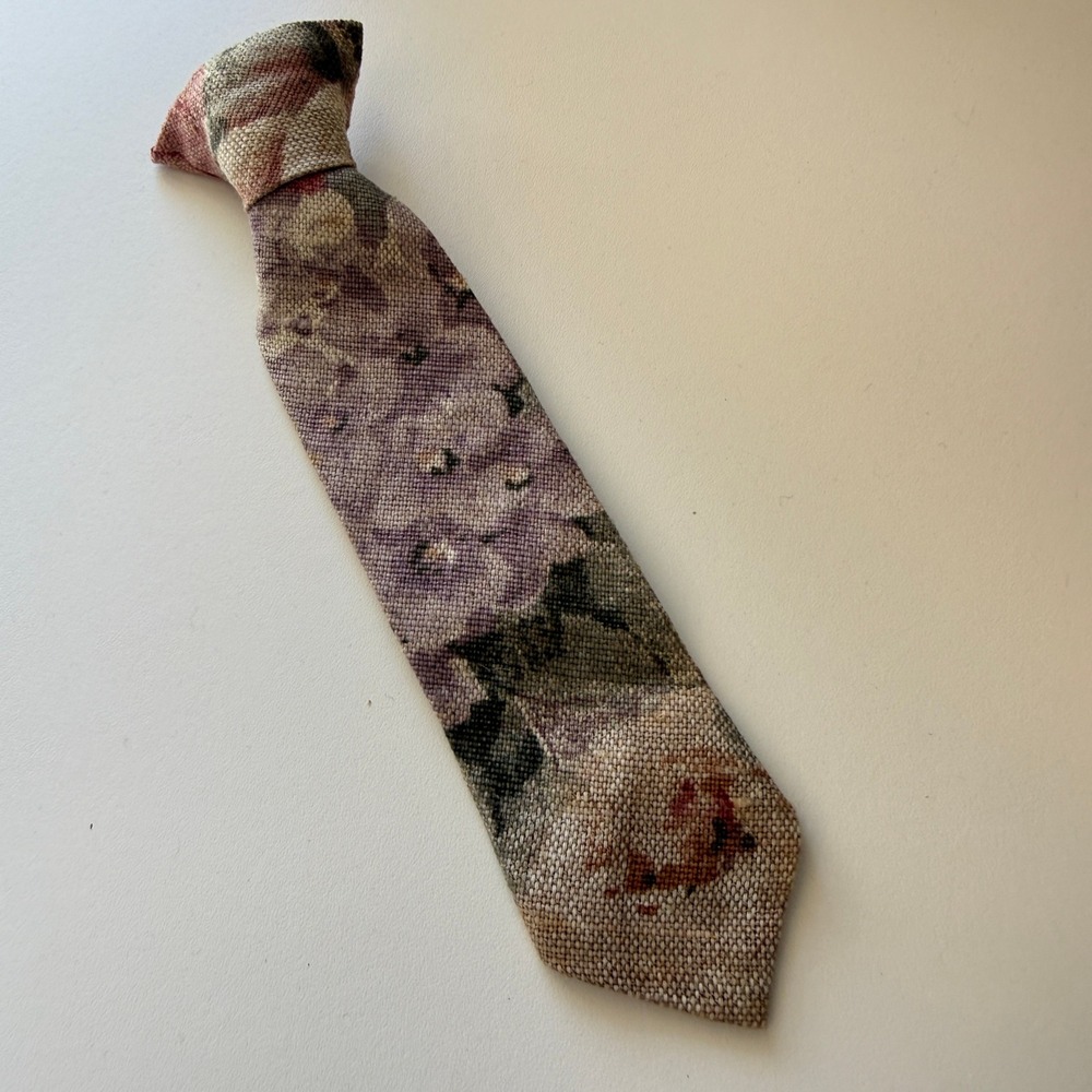 Vintage Floral Tapestry Clip-On Necktie Mauve Green Woven Burlap Texture Tie